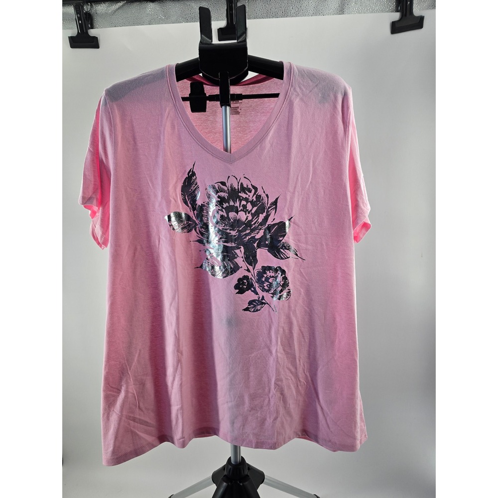 Just My Size Pink Metallic‎ Silver Floral Graphic V-Neck T-Shirt 3X 22W-24W